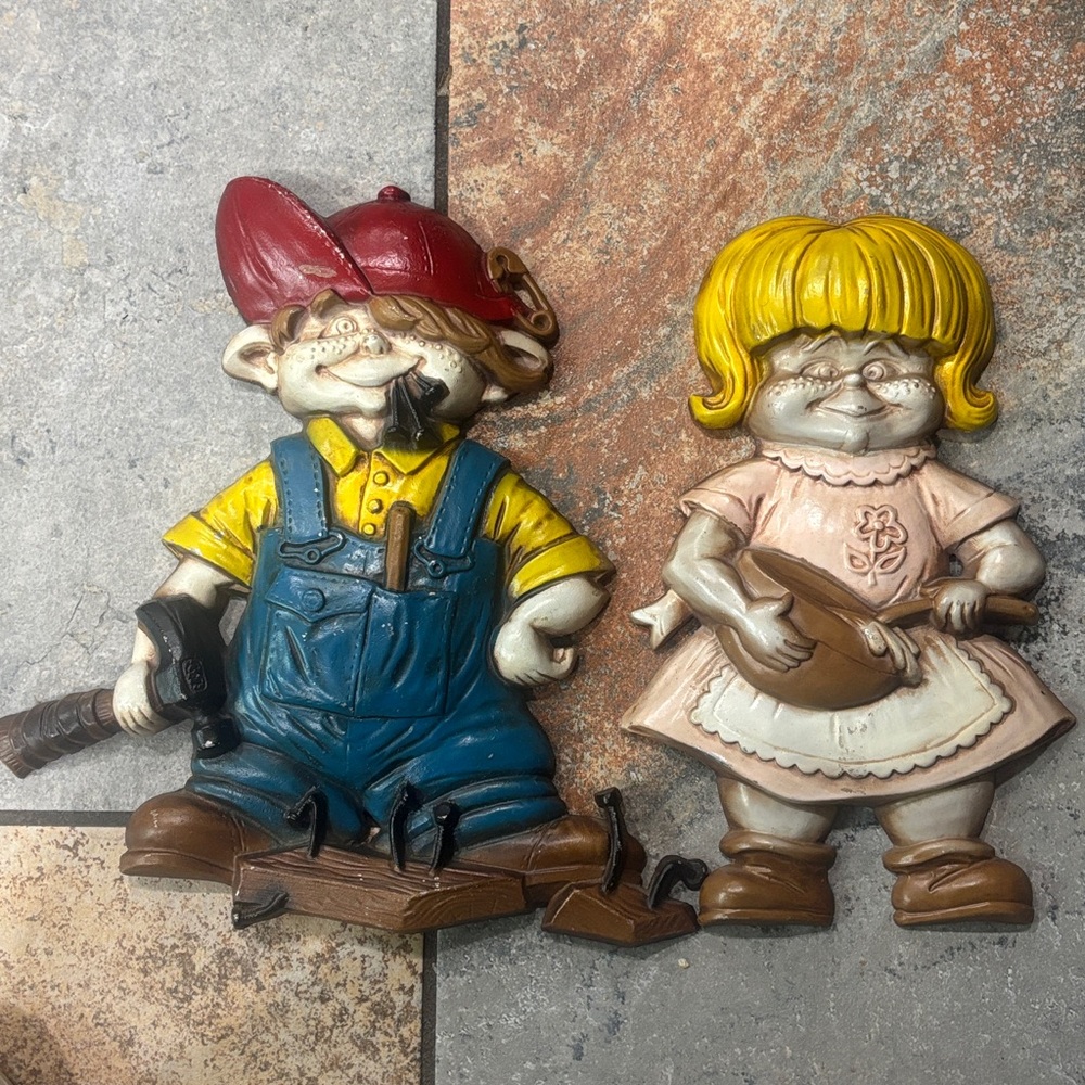 Vintage 1972 Sexton 11” Metal Hanging Figures Lot Of 2 Kitchen Lady & Handyman!